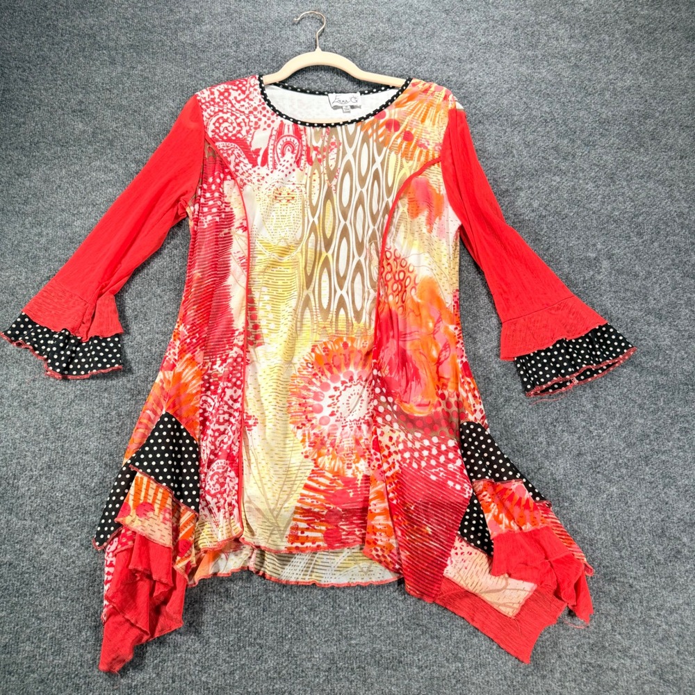 Emma G Tunic Top Women Medium Red Abstract Polka Dot Sharkbite Hem Bell Sleeve M